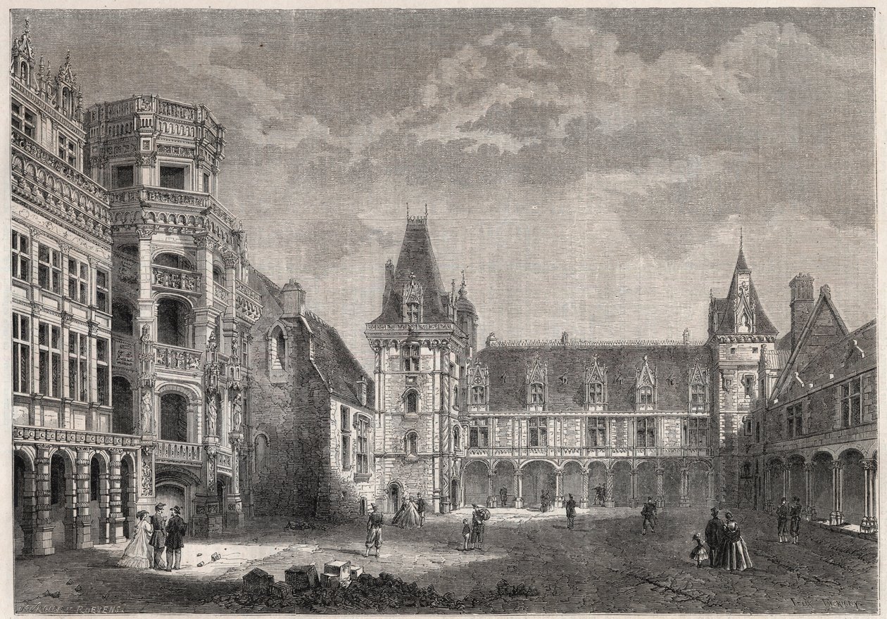 Vista exterior del castillo de Blois con la escalera monumental - Grabado en “Le Monde Illustré” de Unknown artist