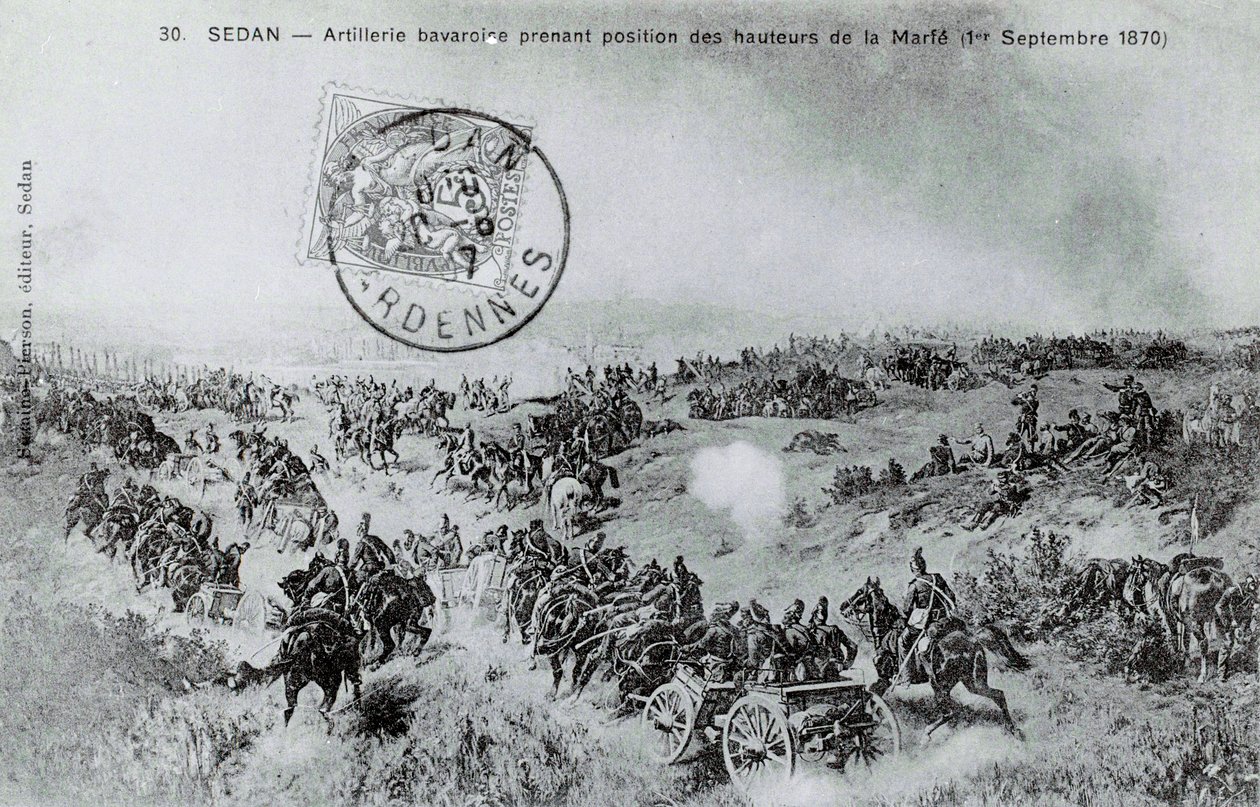 Guerra de 1870: Artillería bávara tomando posición desde las alturas de Marfe en las Ardenas el 01/09/1870. Grabado de 1870 de Unknown artist
