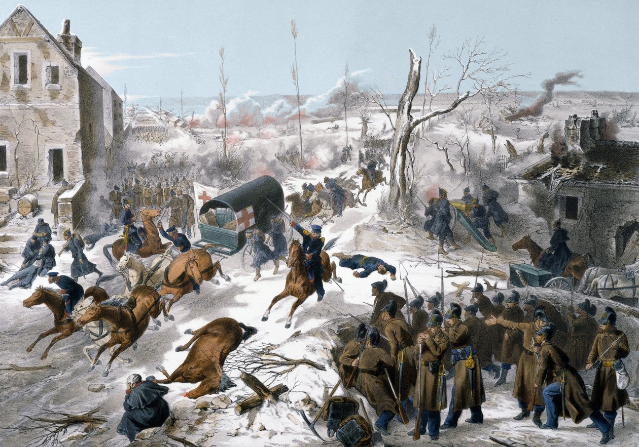 Guerra de 1870 entre Francia y Prusia: Cruz Roja durante la Batalla de Bapaume en el Pas de Calais el 2 y 3/01/1871 que vio la victoria del ejército del Norte dirigido por el General Faidherbe contra los prusianos de Unknown artist