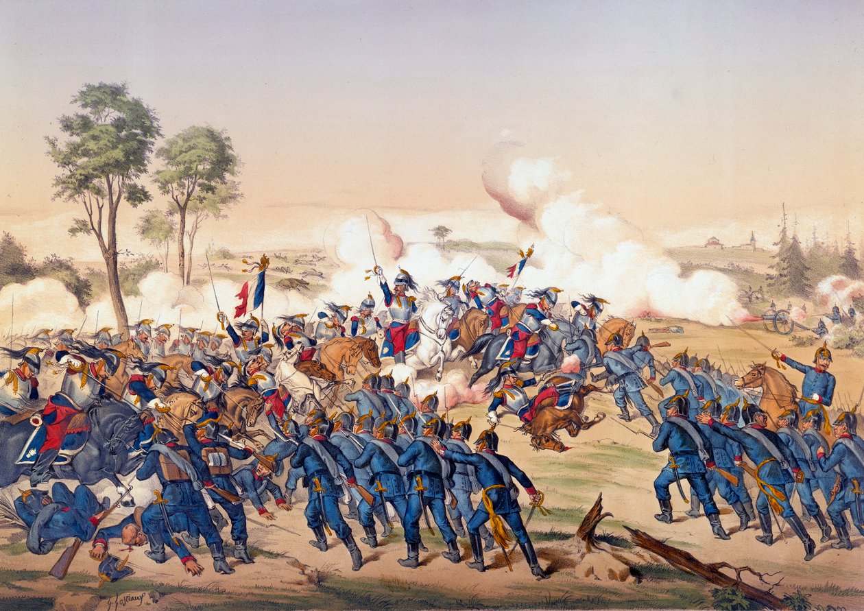 Guerra de 1870: la carga de los acorazados en la Batalla de Froeschwiller Woerth (Froeschwiller-Woerth) el 06/08/1870 que vio la victoria de Alemania - Litografía de 1870. de Unknown artist