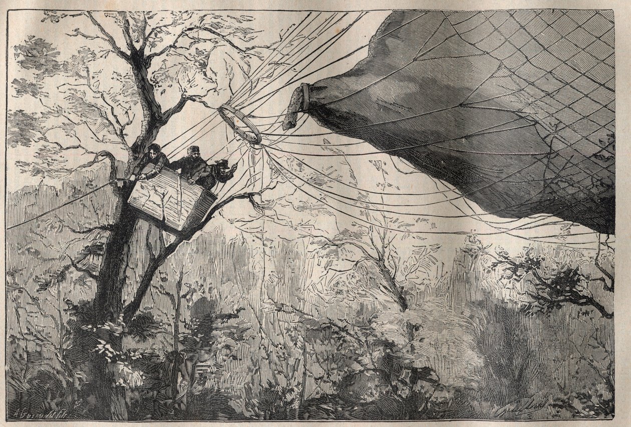 Guerra de 1870: el descenso del globo “Armand Barbes” con Léon Gambetta (1838-1882) a bordo el 7 de octubre de 1870 - Grabado en “La Ciencia francesa” de Unknown artist