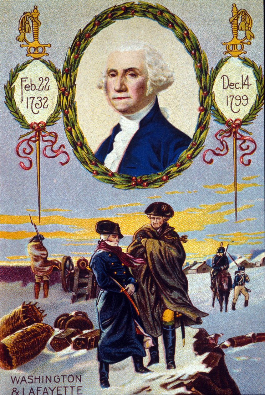 Guerra de Independencia de los Estados Unidos: el Marqués de Lafayette (1757-1834) se reunió con George Washington (1732-1799) en Valley Forge para ayudarlo en 1777. cromolitografía del siglo XIX de Unknown artist