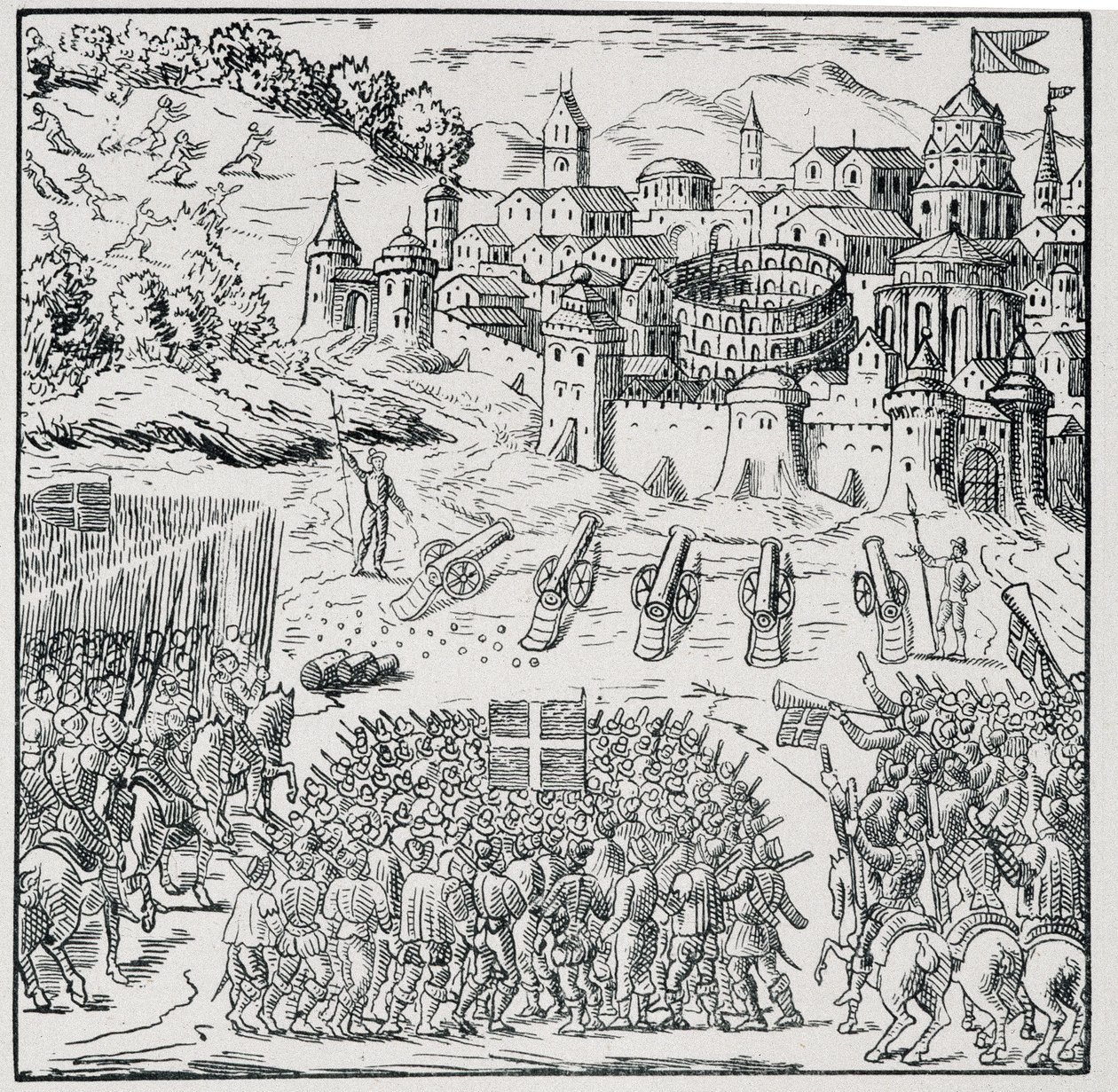 Guerra de Religiones: La ciudad de Nîmes sitiada por el Ejército del Rey (Enrique III) en 1576 - en Colección de 39 figuras que representan las calamidades de Francia de 1562 a 1586, Louis Perrin imprimerie de Unknown artist