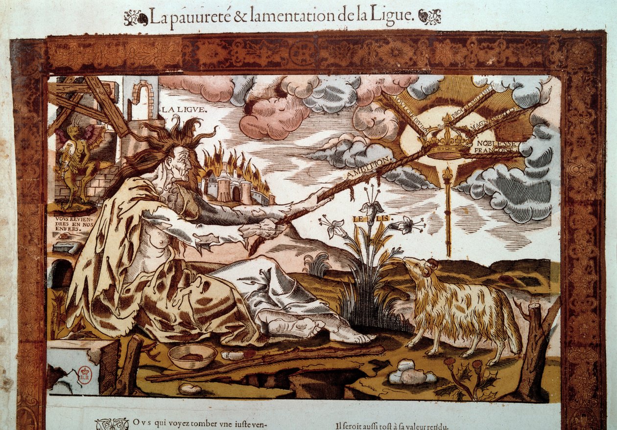 Guerra de religión: alegoría sobre la pobreza y las lamentaciones de la Santa Liga (o Liga Católica), un movimiento católico destinado a erradicar el protestantismo de Francia de Unknown artist