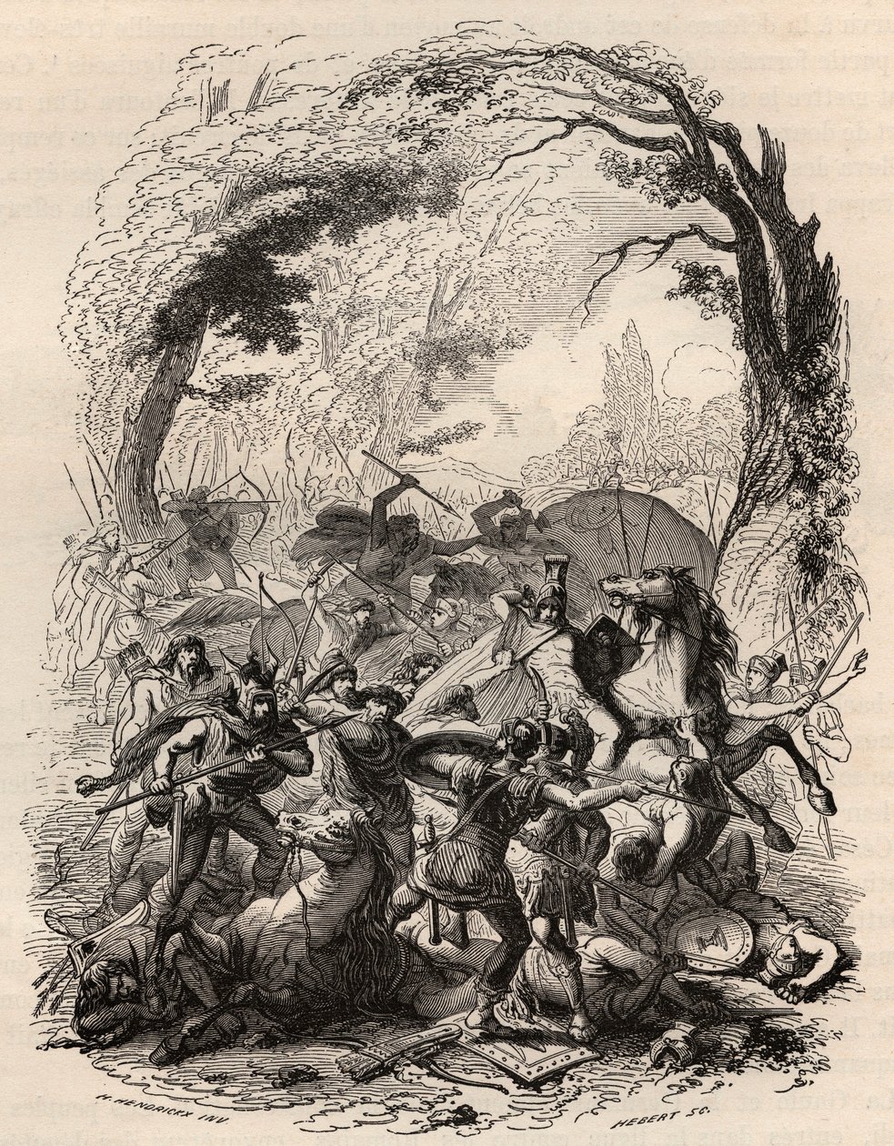 Guerra de las Galias: Batalla de Aduatuca entre el pueblo belga de los eburones y el ejército romano. Derrota de Quintus Titurius Sabinus y Lucius Aurunculeius Cotta en 54 a.C. Grabado de 1868 en “Histoire de Belgique desde tiempos primitivos hasta el fina de Unknown artist