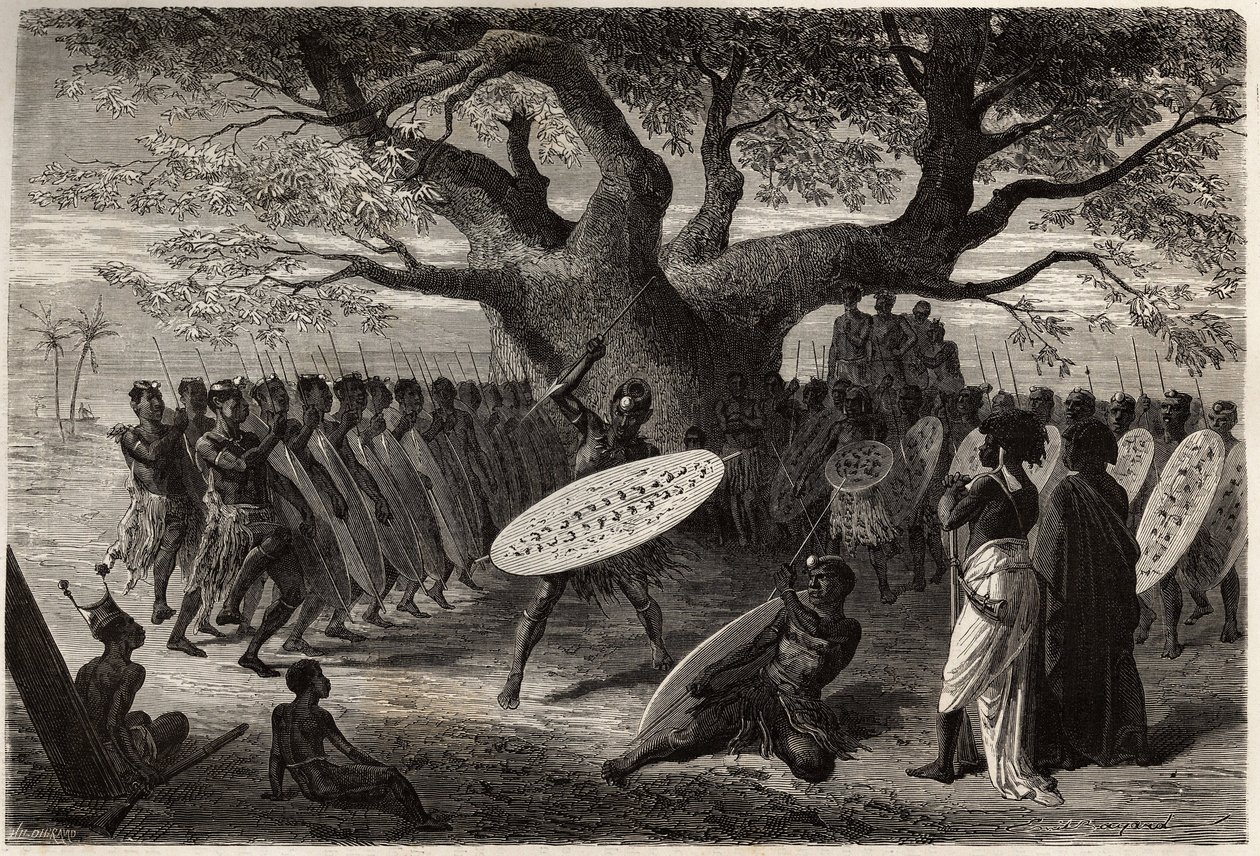 Ejercicios guerreros de los Landines o cafres-zulus, en Sena (región del río Zambeze, Mozambique). Grabado para ilustrar los primeros viajes del Dr. Livingstone al sur de África de 1840 a 1856, en 