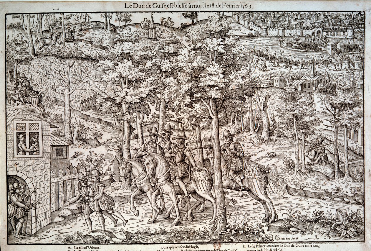 Guerras de religión 1562-1598. Asesinato de Francisco I de Lorena (1519-1563) Segundo Duque de Guisa el 18/02/1563. Un líder católico, fue asesinado por el calvinista Jean de Poltrot de Mere o Merey. Grabado del siglo XVI. París, B.N. de Unknown artist