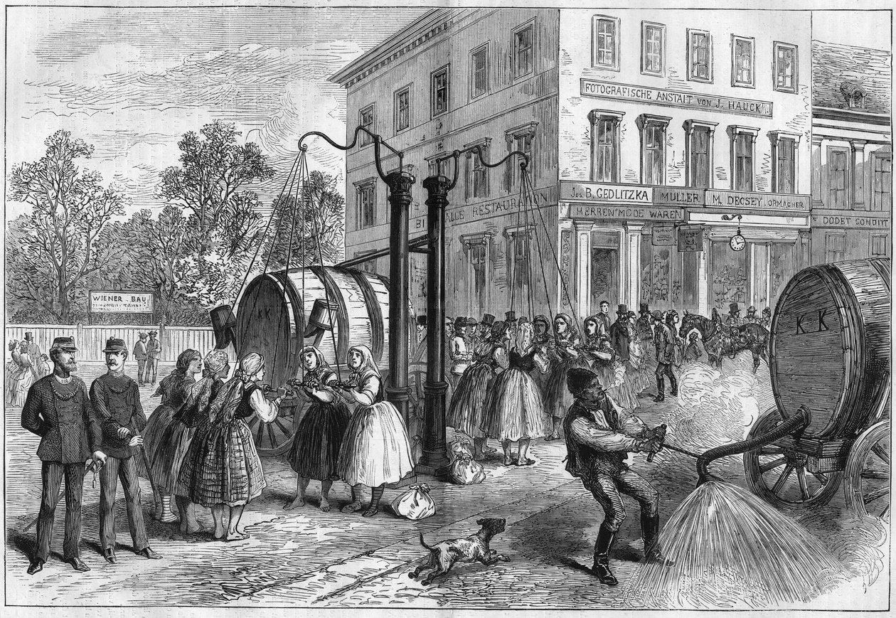 Sistema de riego en las calles de Viena, Austria en 1873. de Unknown artist