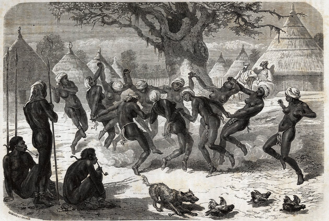 Danza de bienvenida por las mujeres de la tribu, al regreso de Baker y su esposa del Lago Alberto (Albert Nyanza). Grabado para ilustrar el viaje al lago Alberto, en 1861-1864, de Sir Samuel White Baker, en “Le tour du monde, nouveau journal des voyages de Unknown artist