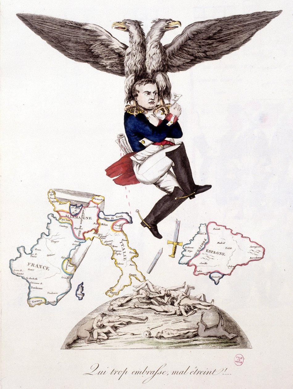 Quien mucho abarca, poco aprieta: después de sembrar la muerte por toda Europa, Napoleón se une a la isla de Elba, llevado por un águila - en “Napoleón 1º, caricaturas, colección ficticia”, c. 1814 de Unknown artist