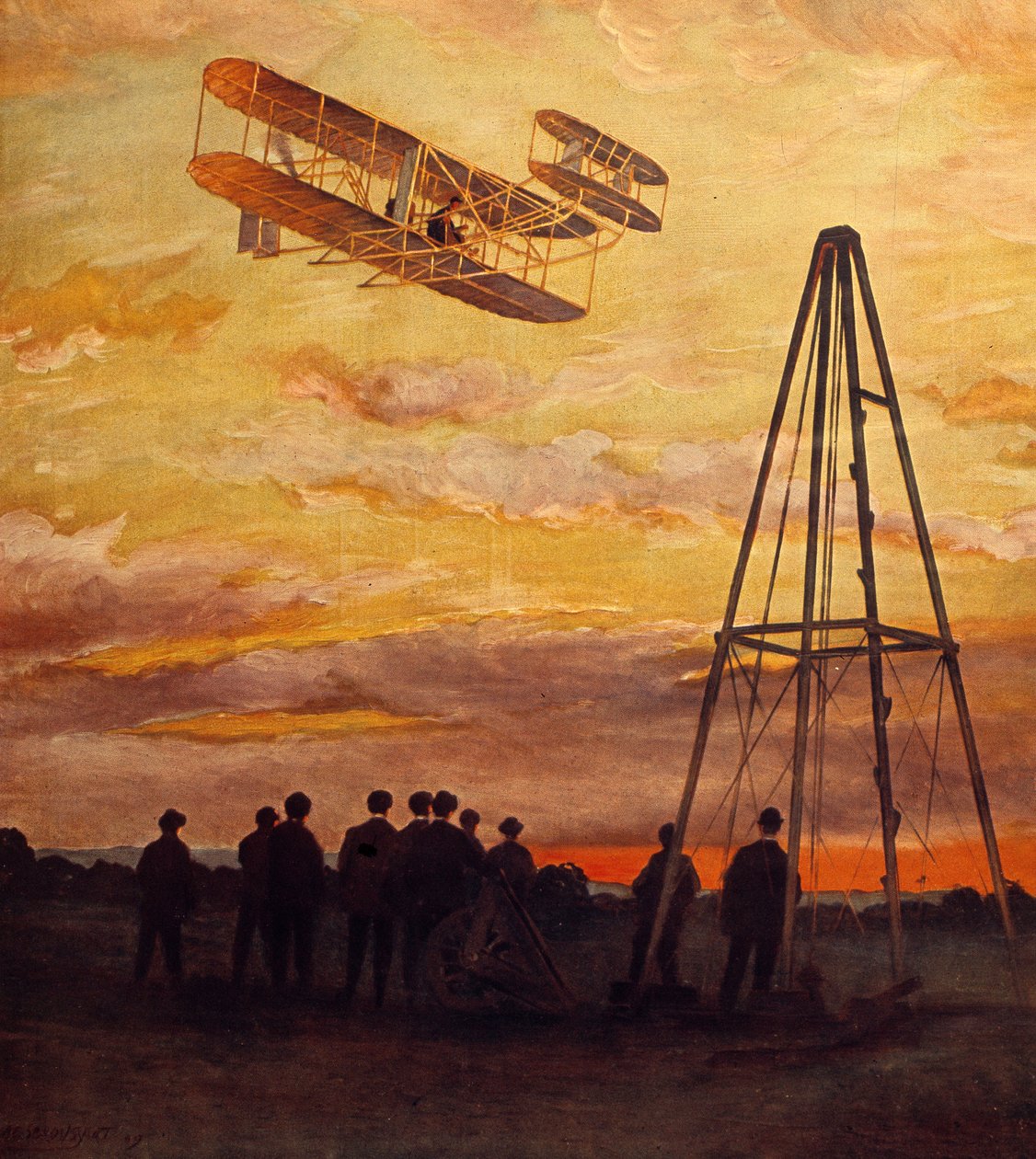 El avión de Wilbur Wright (1867-1912) en vuelo de Unknown Artist