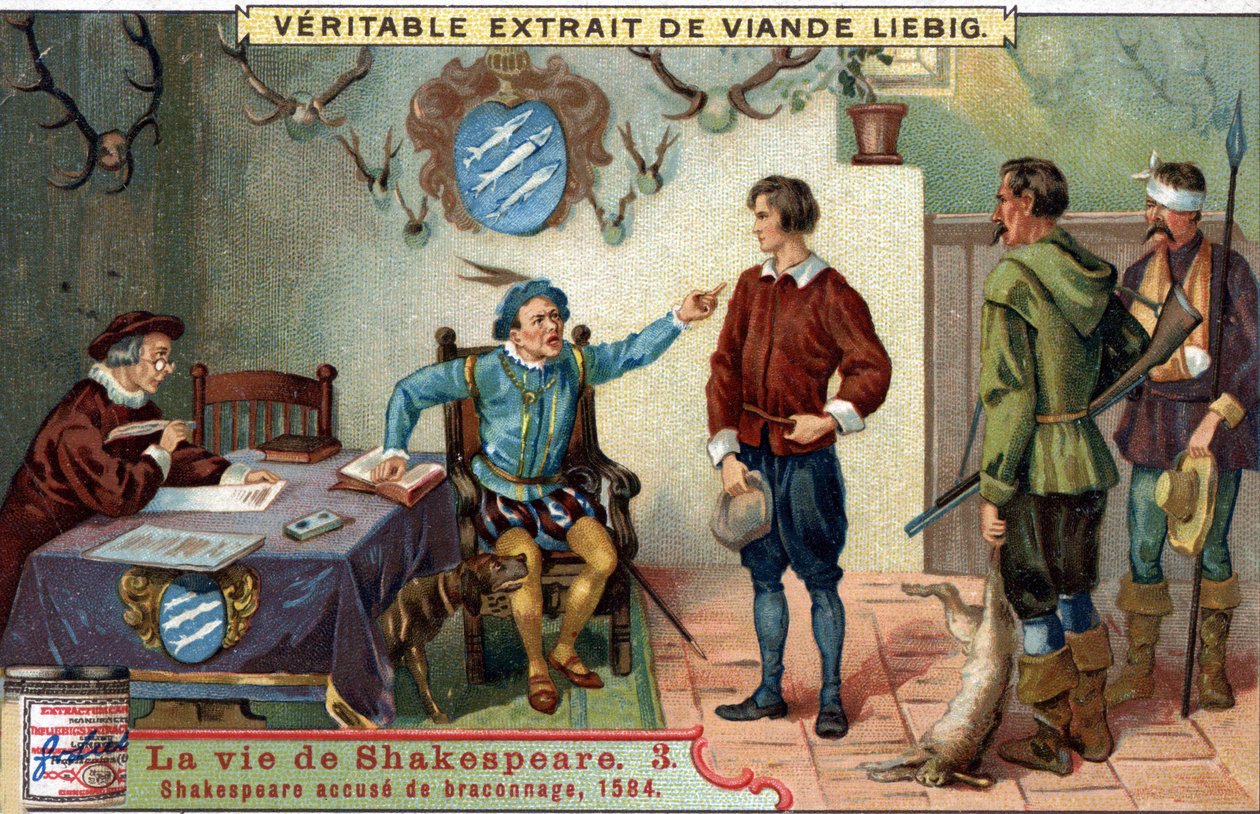 William SHAKESPEARE (1564-1616) acusado de caza furtiva en 1584. Cromo liebig de finales del siglo XIX. de Unknown artist