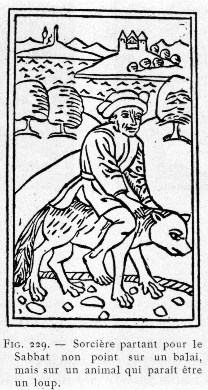 Bruja partiendo para el Sabbat no en una escoba, sino en un animal que parece ser un lobo de Unknown artist