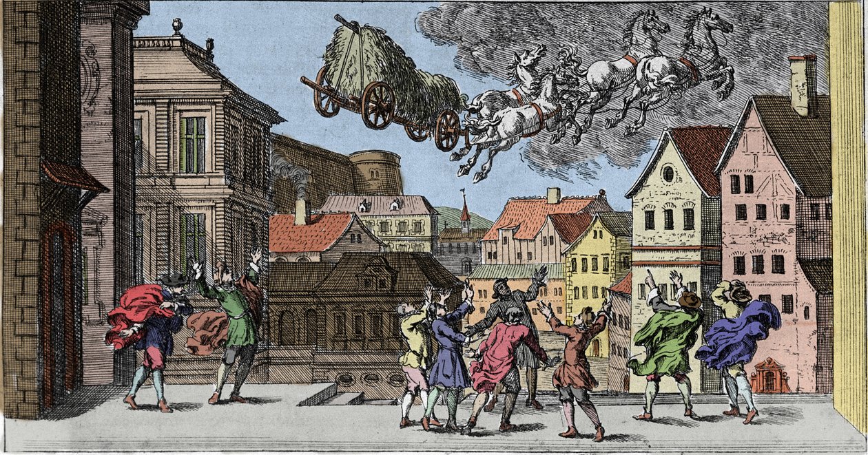 Brujería y creencias: un mago escandinavo provocando una tempestad tan fuerte que levanta un caballo y su carro cargado de heno. Grabado de “Mundi Mirabilis Oeconomia” por Johann Zahn (1631-1707) de Unknown artist