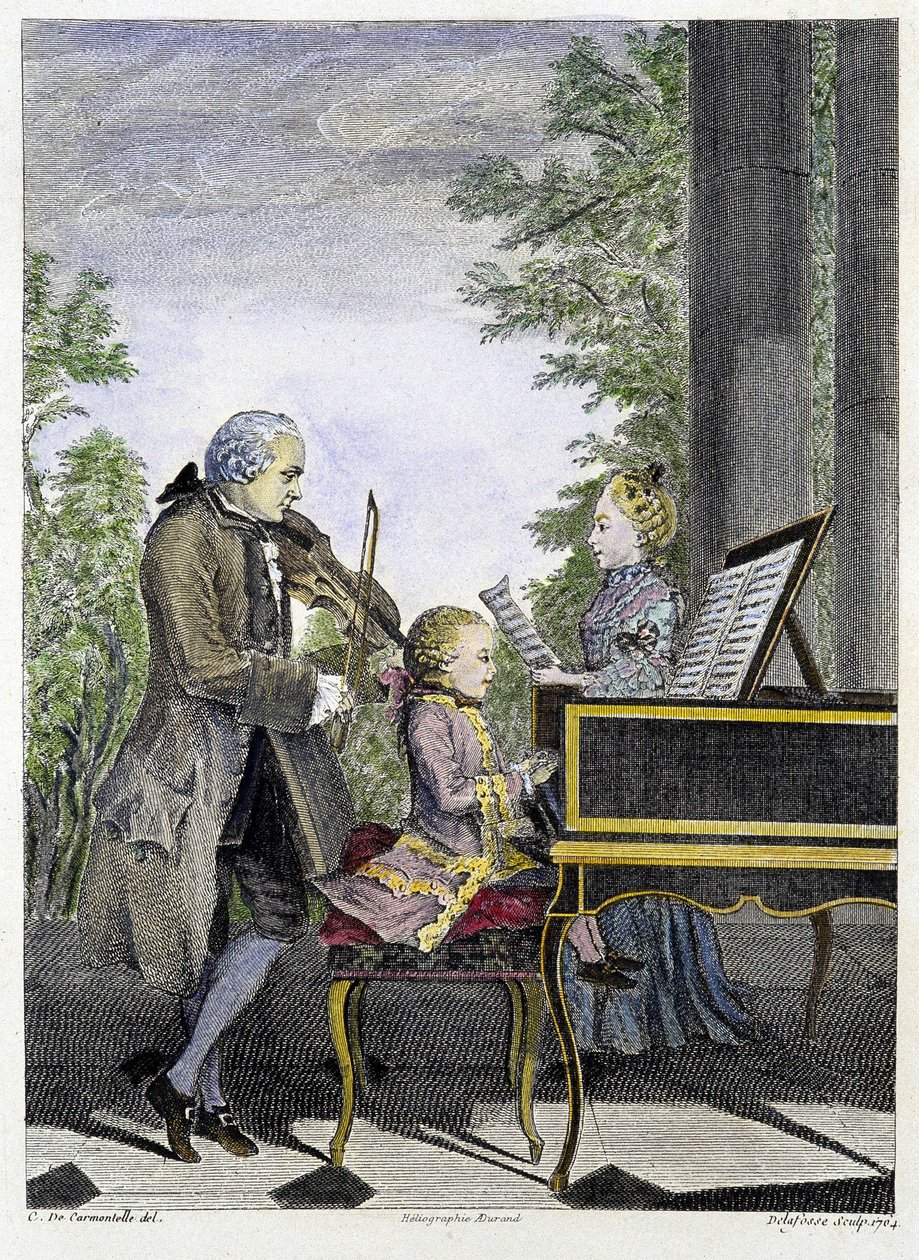Wolfgang Amadeus Mozart niño en el piano rodeado por su padre Leopold en el violín y su hermana Marianne cantando - grabado de Unknown artist