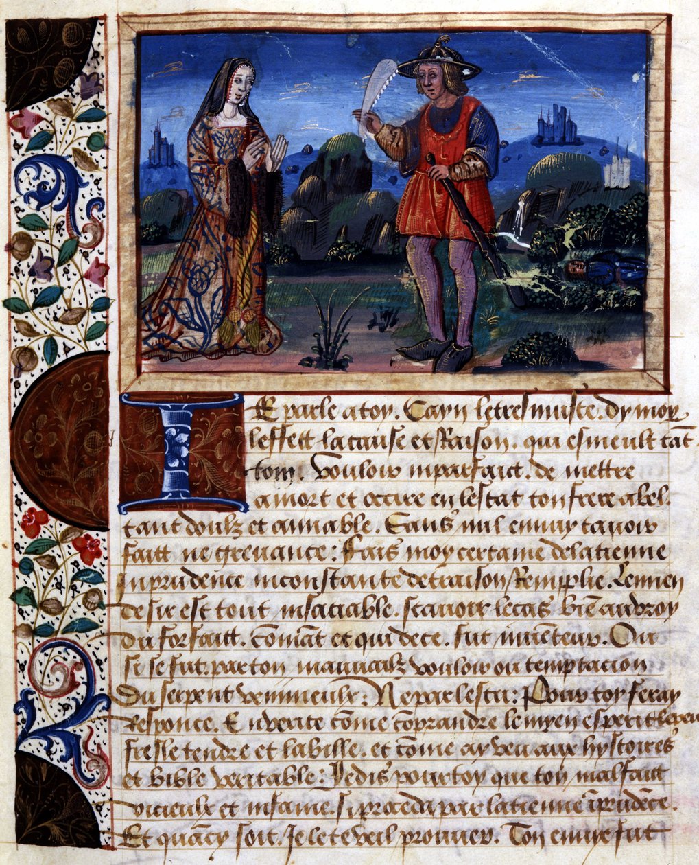 Mujer y hombre en paisaje - iluminación, en "Libro de pudens e impudens de las edades pasadas" por Catherine d