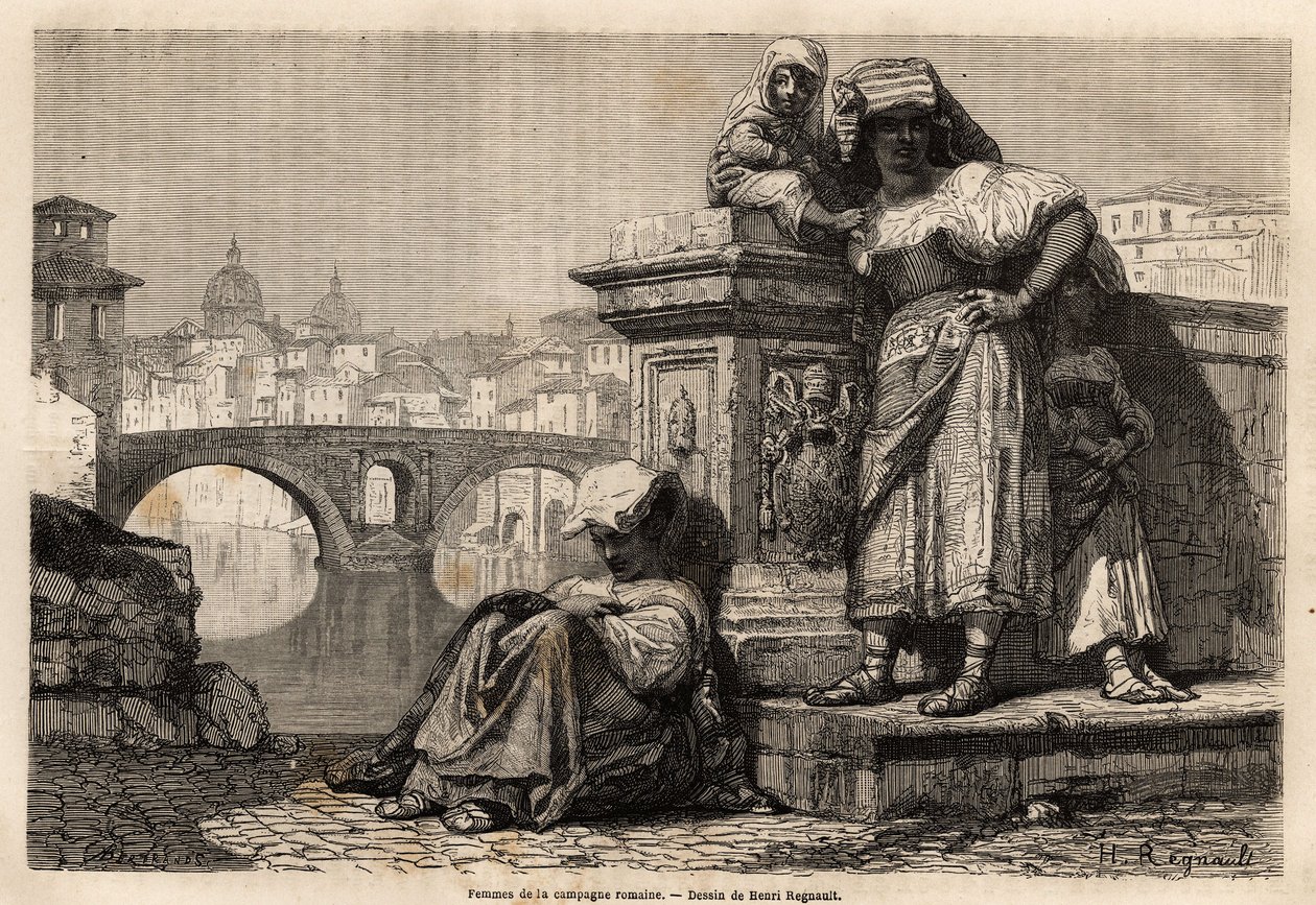 Mujeres y niños del campo romano descansando a la orilla del Tíber, al fondo: las cúpulas de la Basílica de San Pedro en el Vaticano. Grabado para ilustrar el viaje a Roma, por Francis Wey, en 1864-1868, publicado en "Le tour du monde, nouveau journal des  de Unknown artist