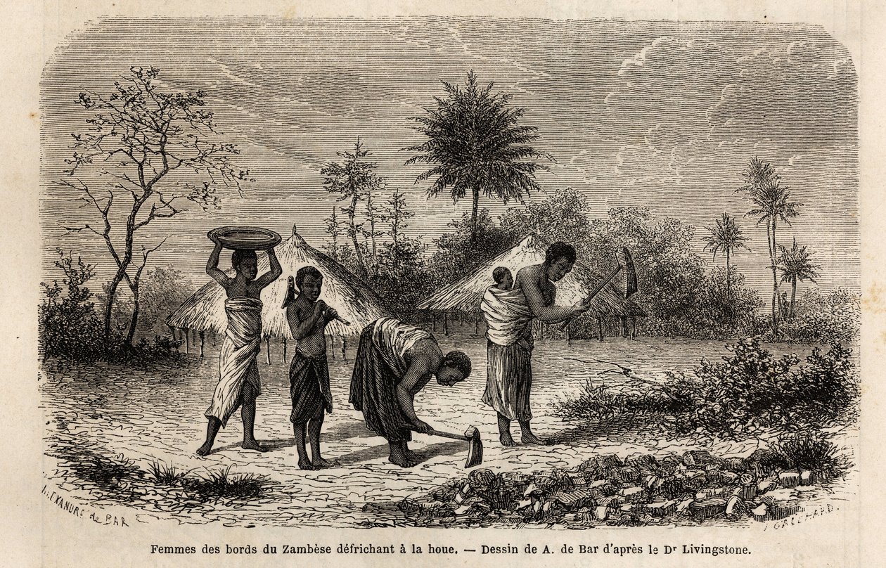 Mujeres de las orillas del Zambeze desbrozando con una azada e introduciendo a los niños en el trabajo agrícola. Grabado para ilustrar los primeros viajes del Dr. Livingstone al sur de África de 1840 a 1856, en 