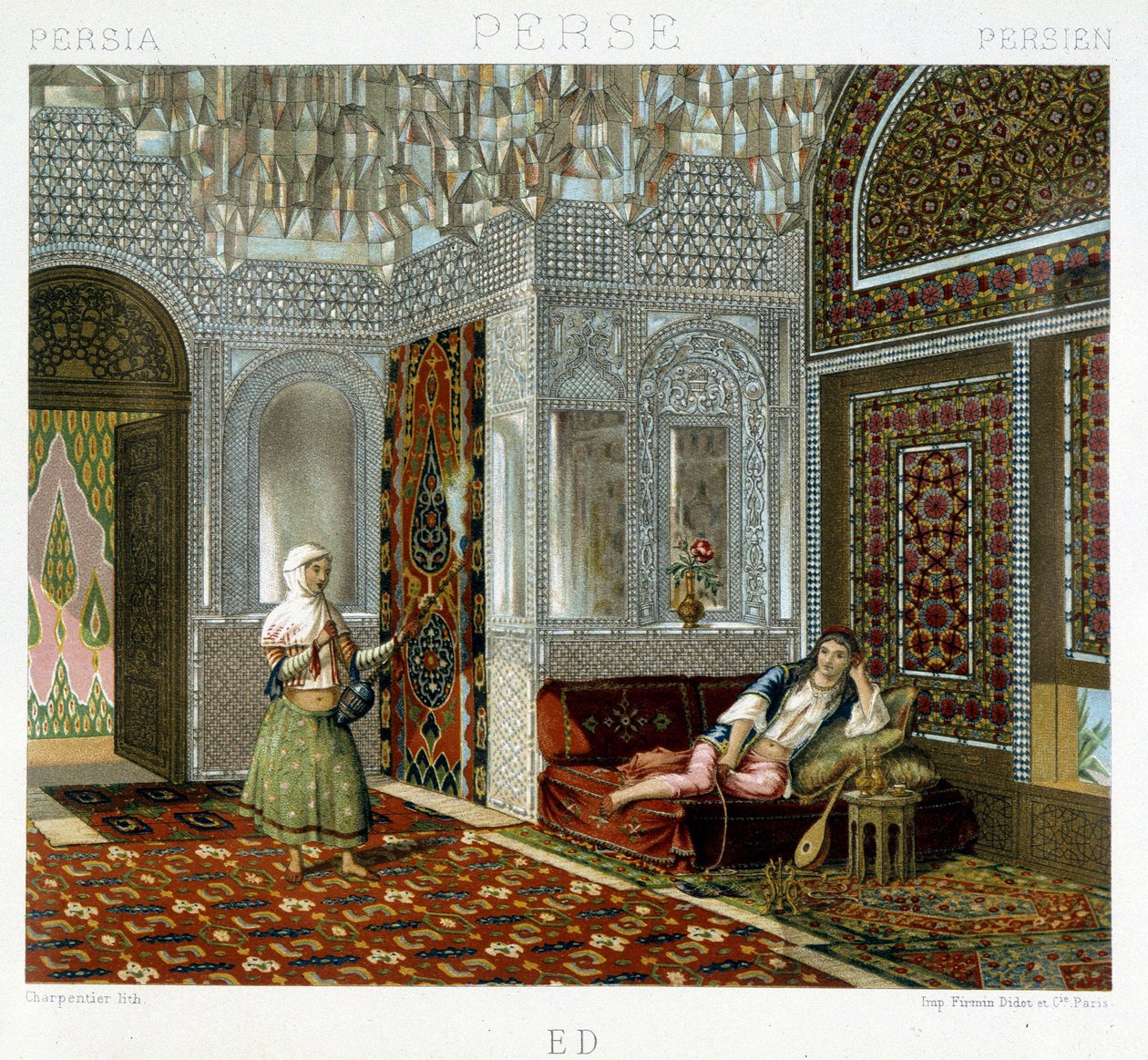 Mujeres en una sala de estar en Persia - en “Le costume historique” de Racinet de Unknown artist