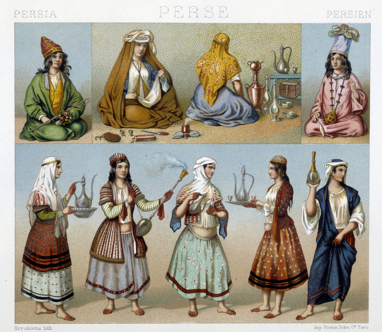 Mujeres preparando té y trajes femeninos en Persia - en "El traje histórico" de Racinet de Unknown artist