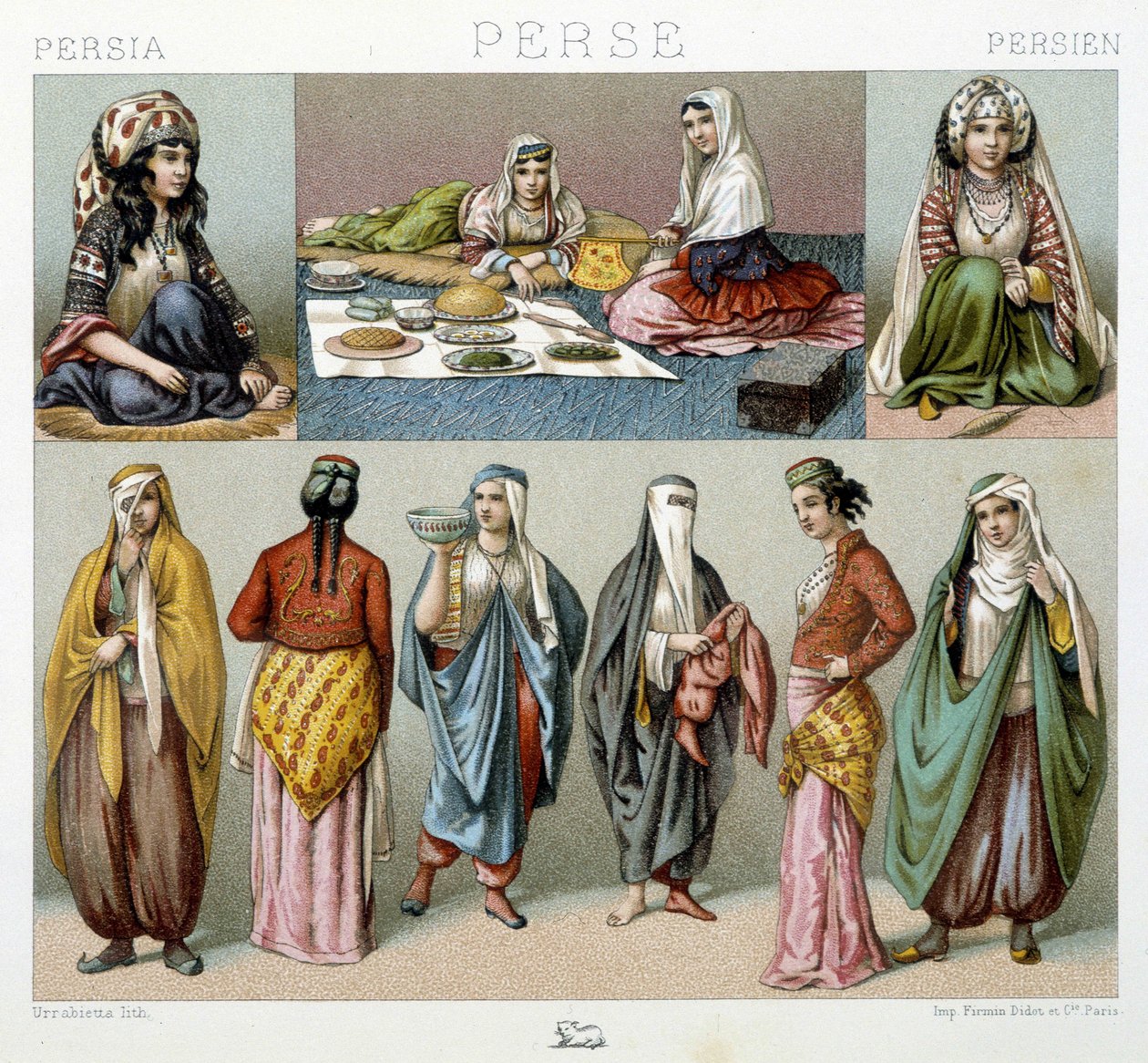 Comida de mujeres y trajes femeninos en Persia - en “Le costume historique” de Racinet de Unknown artist