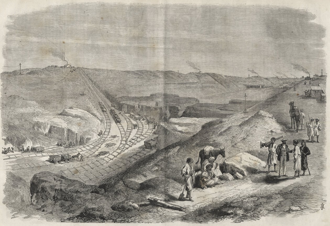 Trabajos en el canal de Suez 1864 - Sitio de construcción y trabajos de perforación en el Canal de Suez en 1864 (Chaluf Tranchee) de Unknown artist