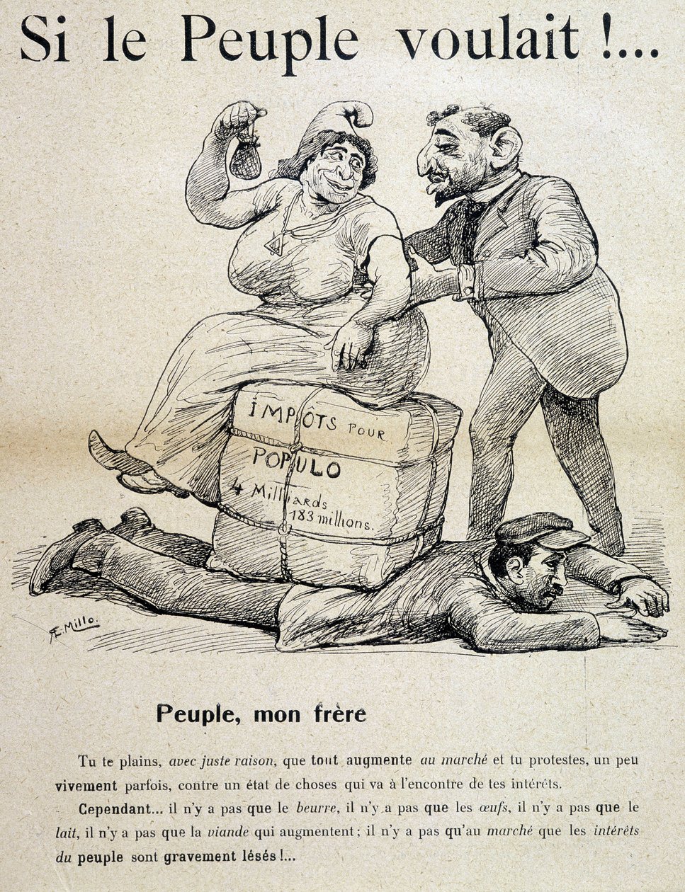 Trabajador aplastado por "impuestos para el pueblo" - caricatura, finales del siglo XIX de Unknown artist