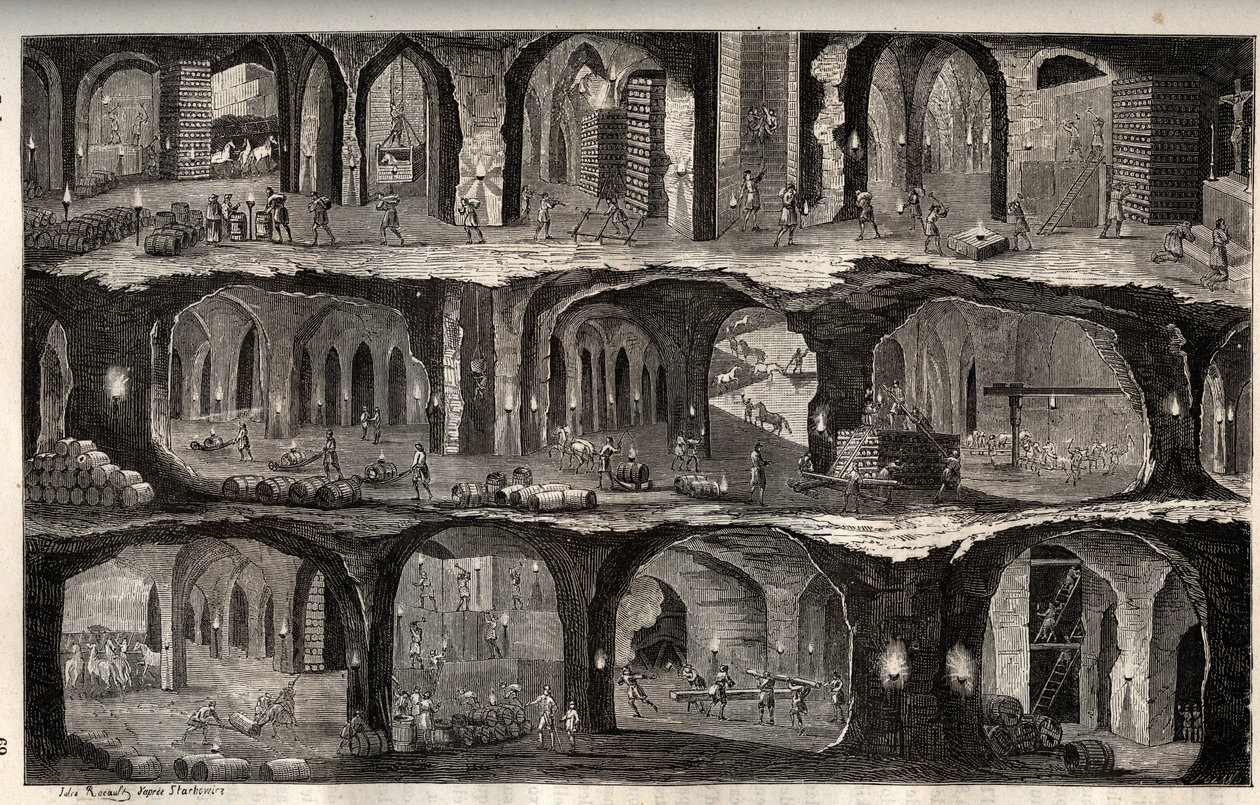 Trabajando en la mina de sal de Wieliczka - ciudad minera en Polonia - Vista de los trabajos subterráneos en las minas de sal de Wieliska, en Galitzia - grabado en 
