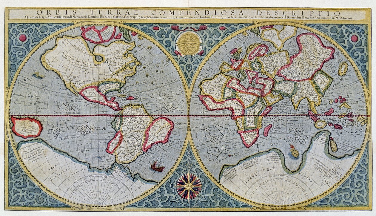 Mapa mundial de Mercator (1587) - después de "Gerardi Mercatoris Atlas sive Cosmographicae meditationes de fabrica mundi et fabricati figura", Ámsterdam de Unknown artist