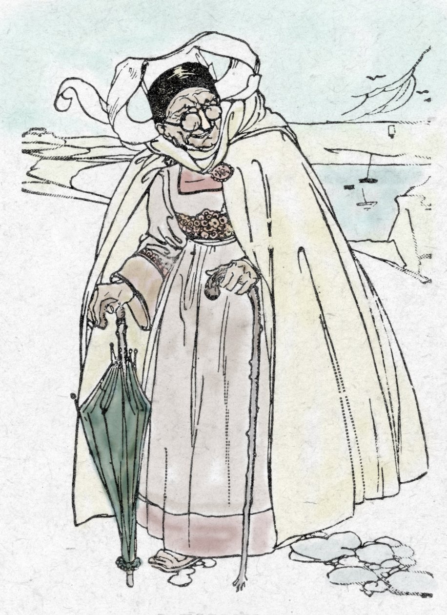 Primera Guerra Mundial: una espía alemana disfrazada de anciana de la vendea, con un telescopio paraguas y un bastón que toma fotografías de Unknown Artist