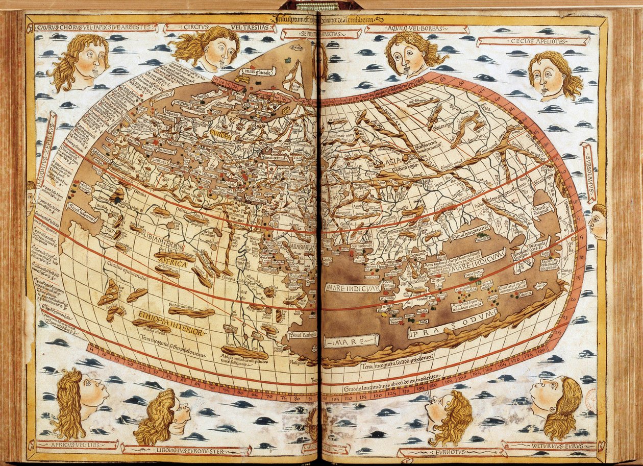 Mapa mundial de Claudio Ptolomeo. Las cabezas humanas soplando aire representan los diferentes vientos (cuyos nombres están indicados). En “Geographia Latina. Beatissimo Patri Paulo Secundo Pontifici Maximo. Donis Nicolaus”. Manuscrito de geografía dedicad de Unknown artist