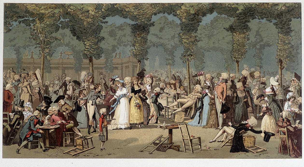 Paseo mundial por los jardines del Palacio Real, finales del siglo XVIII - cromo después del grabado de Debucourt de Unknown artist