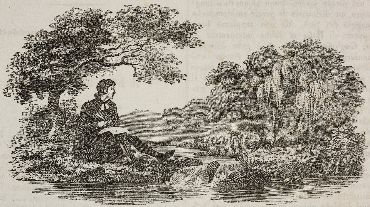 Escritor bajo un árbol frente a un arroyo, ilustración de Teatro universale, Raccolta enciclopedica e scenografica, nº 575, 19 de julio. de Unknown artist