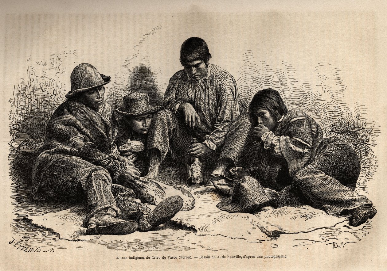 Jóvenes indios de Cerro de Pasco (centro de Perú), se reúnen para desayunar. Grabado para ilustrar Les iles Chincha, rect por L.Simonin, en 1860, publicado en 