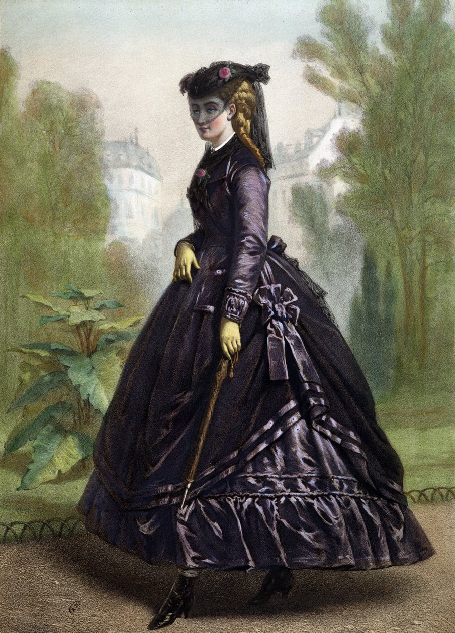 Joven con ropa estricta y oscura (viuda) - litografía, mediados del siglo XIX de Unknown artist