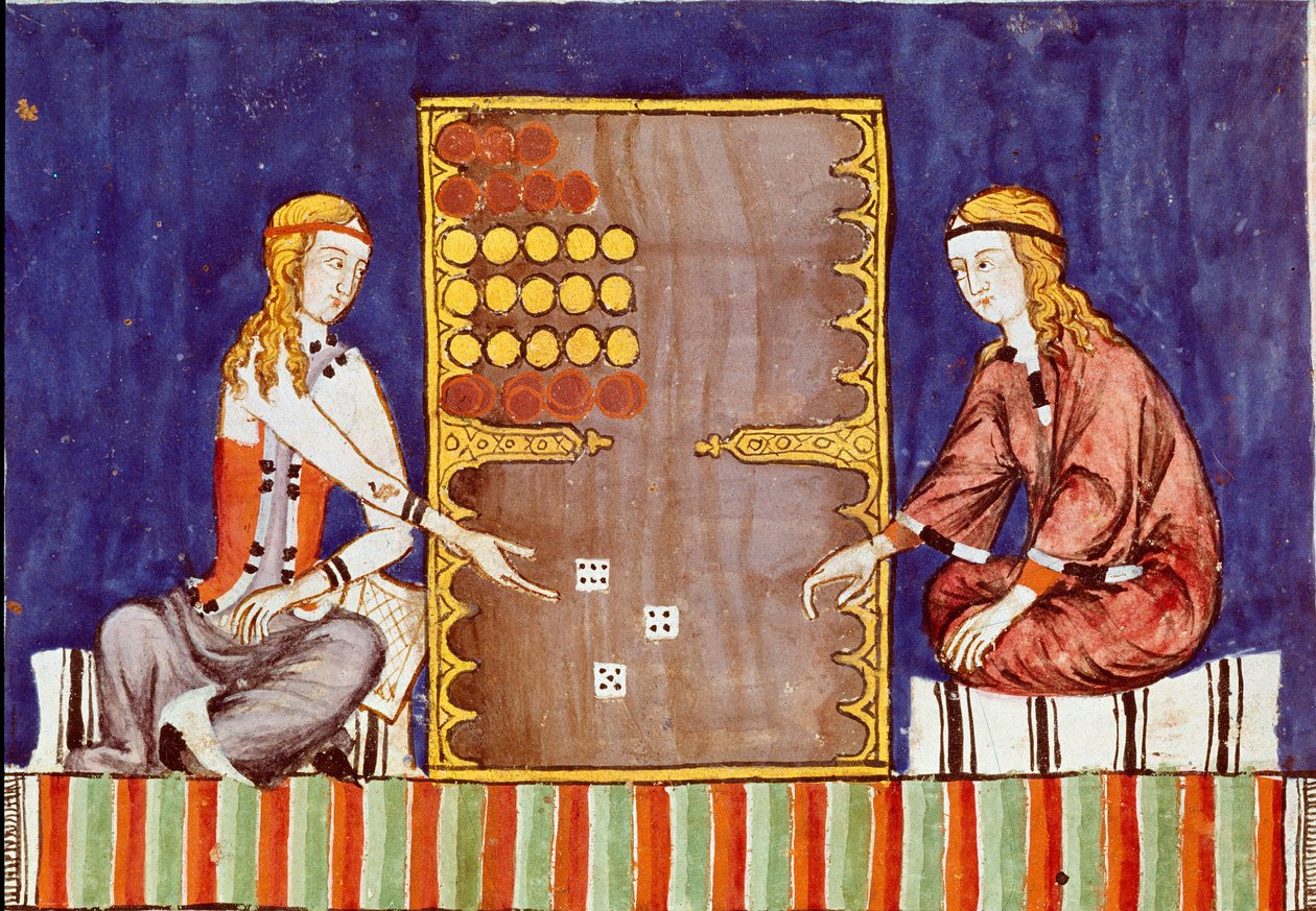 Jóvenes mujeres jugando al tric trac, antecesor del backgammon - Miniatura del manuscrito 