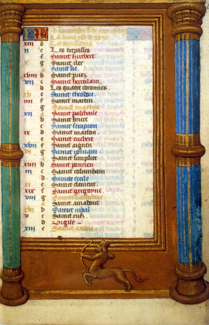 Zodiaco Sagitario y santos del mes de noviembre - miniatura Edad Media (ref.: 135, 006r): solicitud de permiso de la Biblioteca Municipal de Toulouse (tel: 05 62 27 66 66) de Unknown artist