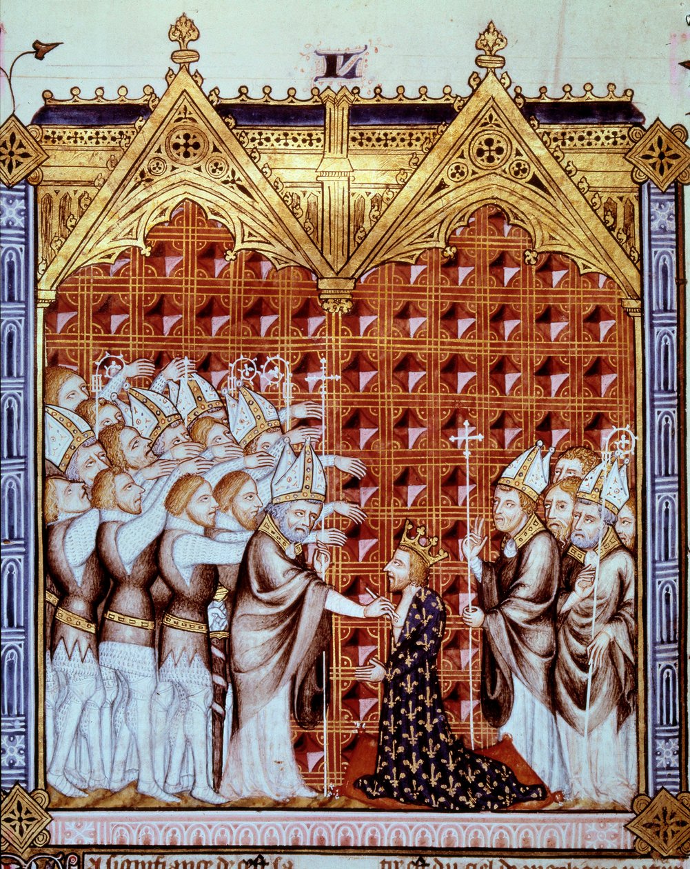 Unción del rey de Francia, en presencia de obispos y sus barones. Miniatura en “Rational des divins offices” (folio 44v) de Unknown artist