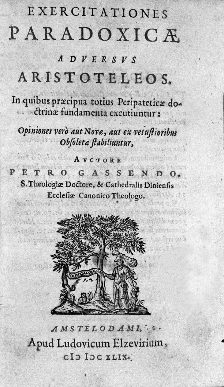 Frontispicio de "Exercitationum paradoxicarum adversus Aristoteleos" de Pierre Gassendi (1592-1655), filósofo, astrónomo, matemático y físico francés. de Unknown artist