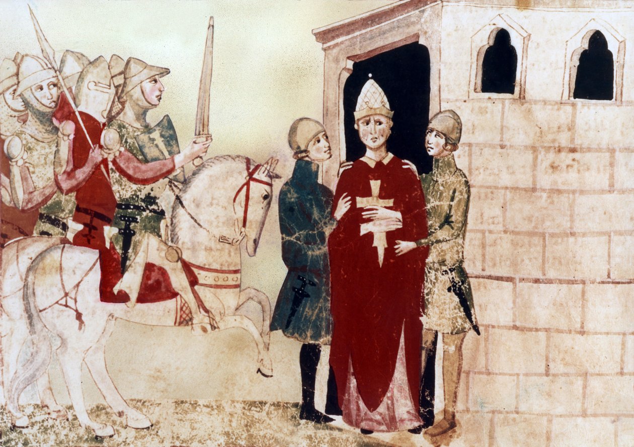 el papa Bonifacio VIII (1294-1303) aquí prisionero en Anagni en 1303, ilustración de un manuscrito del siglo XIV de Unknown artist