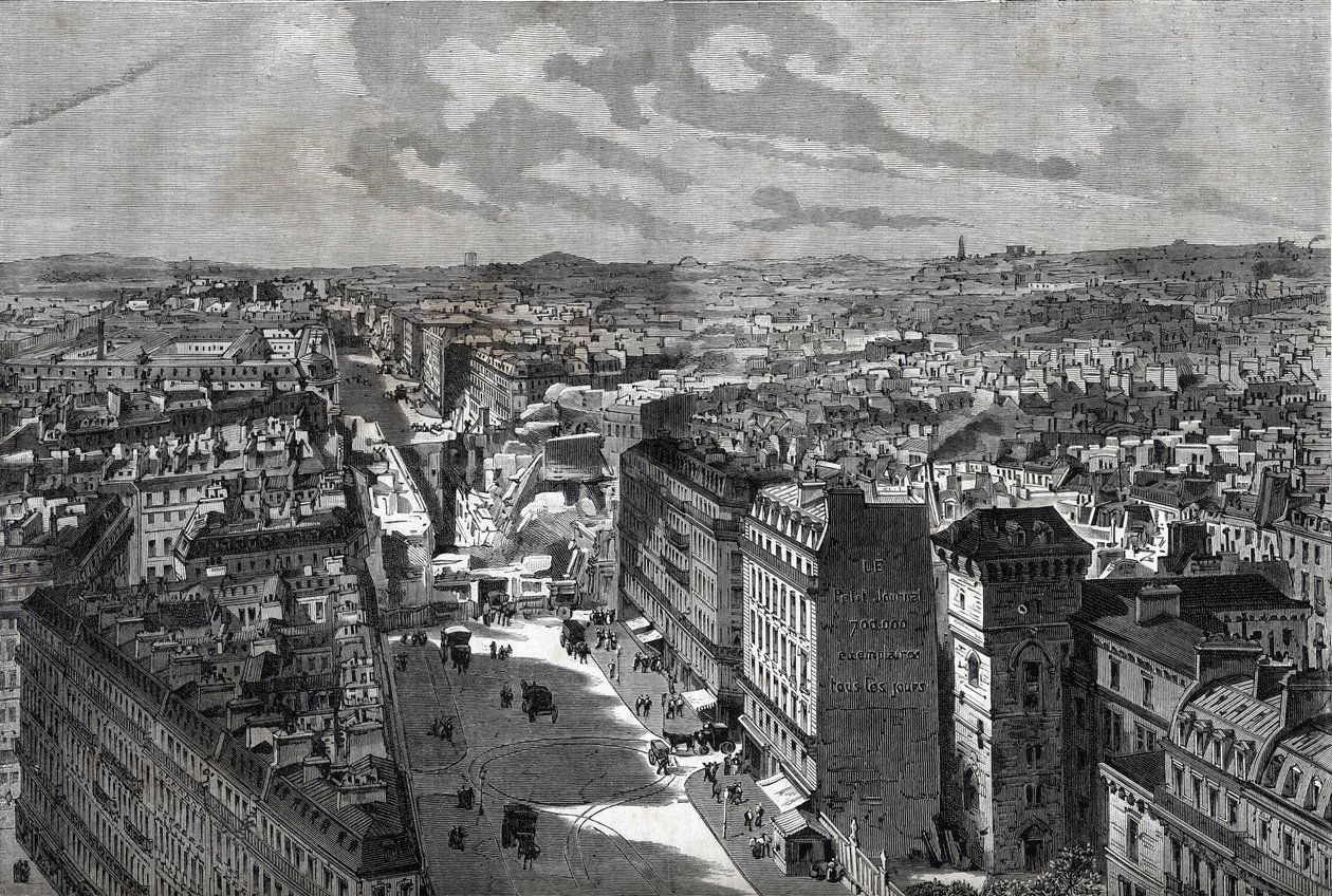 Las grandes obras de Haussman - Transformaciones de París bajo el Segundo Imperio, París Haussmannien (Boulevard, obras Haussmannianas) - La perforación de la calle Etienne Marcel- de la calle Turbigo a la Place des Victoires - grabado en “Le journal illus de Unknown artist
