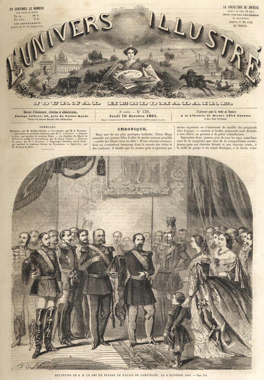 la visita de Guillermo, el rey de Prusia, a Napoleón III, el emperador de los franceses, en Compiègne, Francia 1861 - Visita de Guillermo I de Prusia (1797-1888) a Compiègne en presencia de Napoleón III - Grabado de “El Universo Ilustre” de Unknown artist