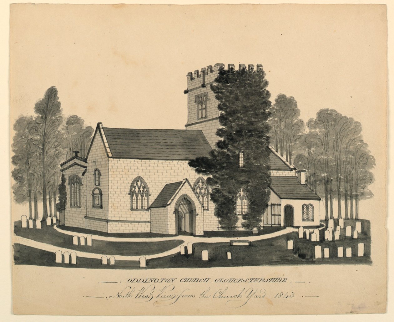 Cementerio de la Iglesia de Oddington, Gloucestershire, Vista Noroeste de Unknown, English