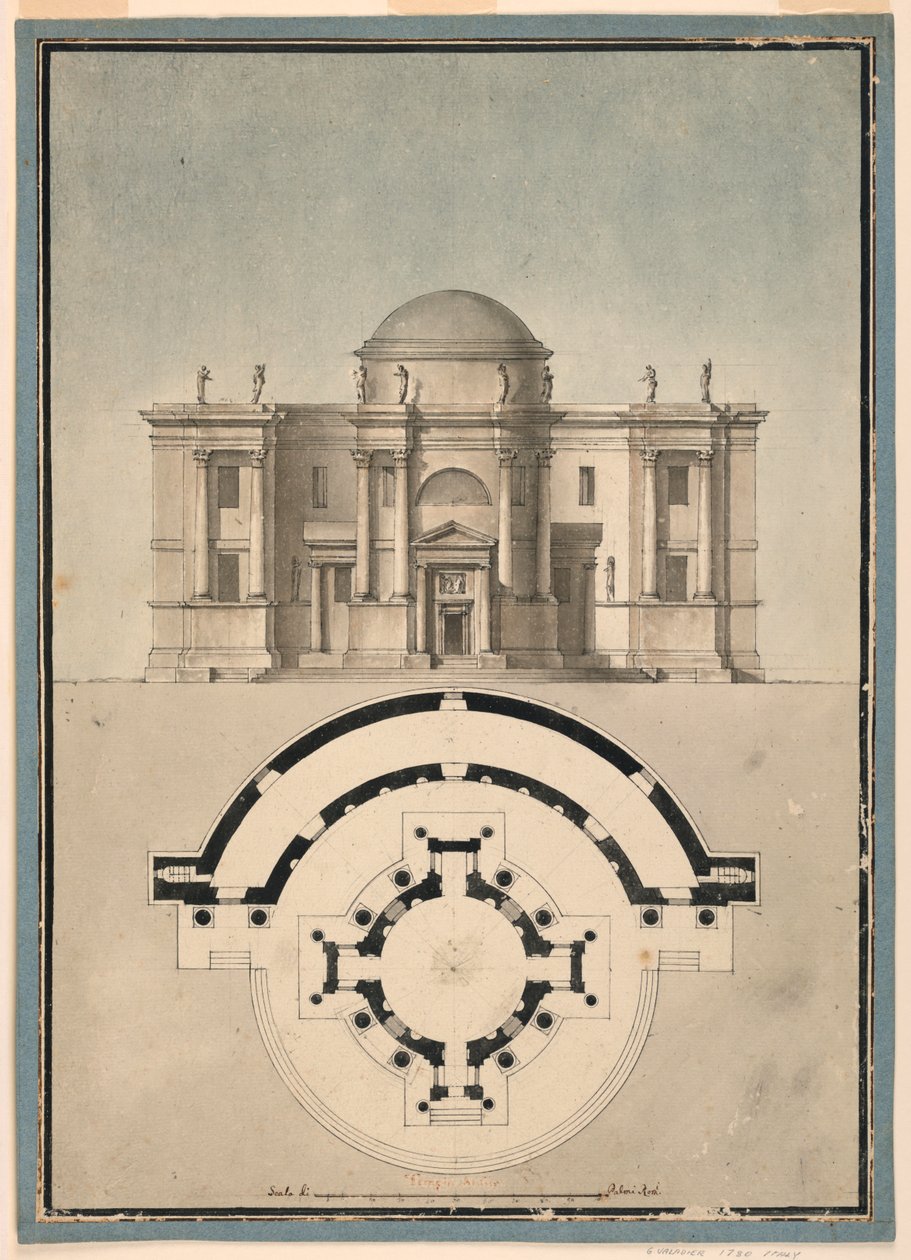 Diseño para un templo clásico con un tempietto y un edículo semicircular de Unknown, Italian