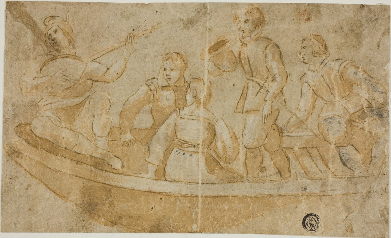 Tres hombres, una mujer y un jugador de béisbol en una barca de Unknown Italian