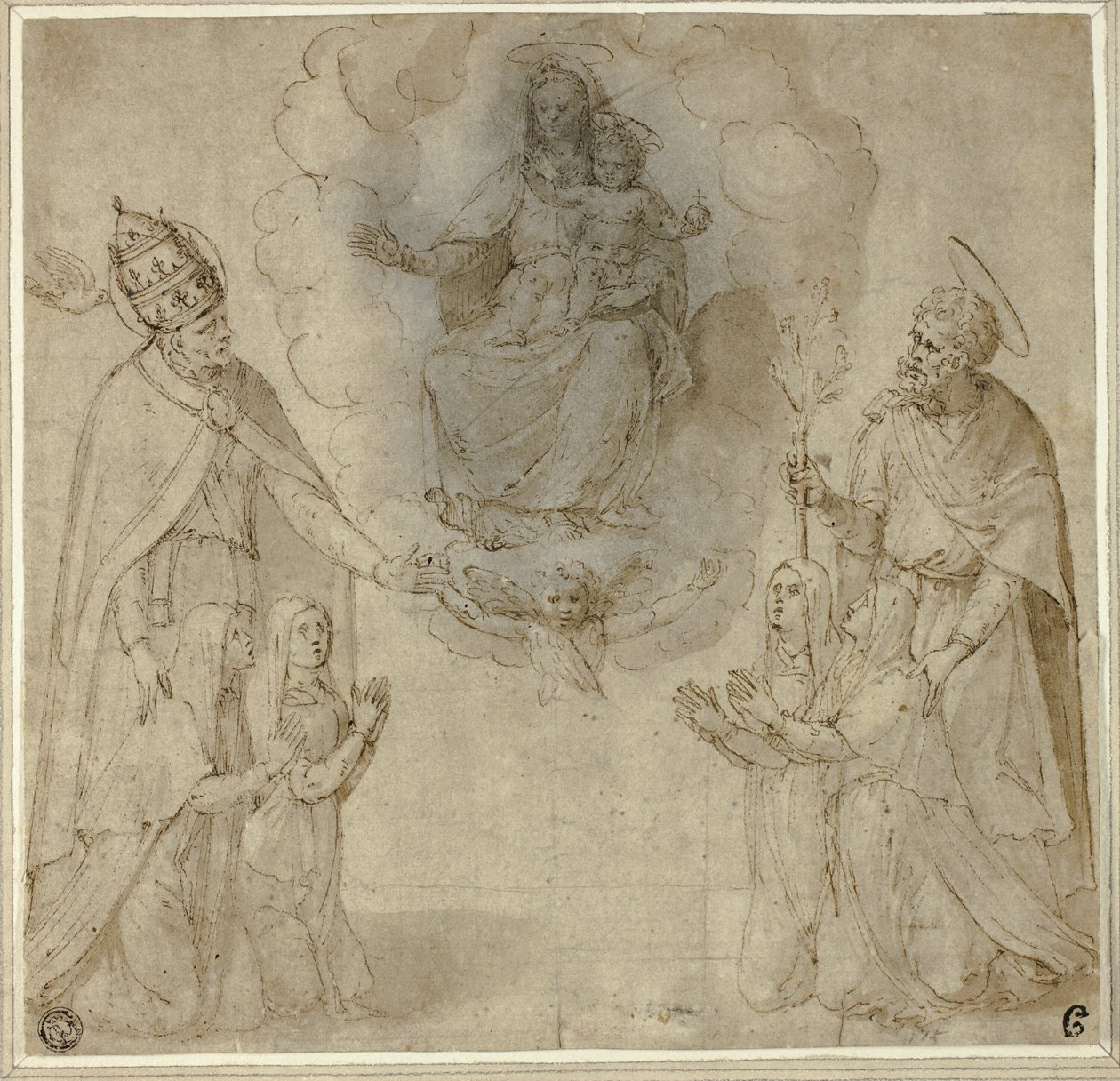 La Virgen con el Niño ante los santos Fabiano (o Gregorio Magno) y José de Unknown Sienese