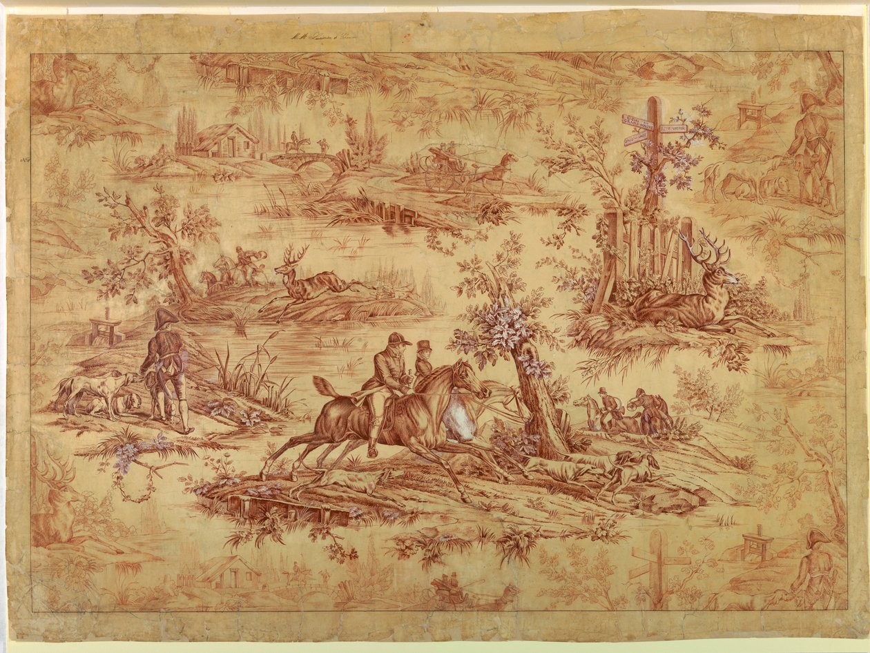 Dibujo, Caricatura para textil estampado de algodón, La Route de Jouy, después de 1815 de Unknown artistUnknown artist