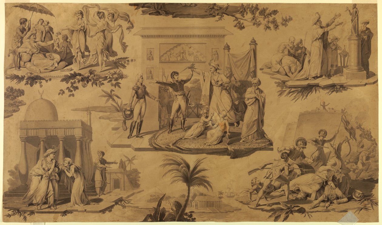 Dibujo, Caricatura para textil de algodón estampado: Los franceses en Egipto [Les Francais en Egypte], ca. 1815 de Unknown artistUnknown artist