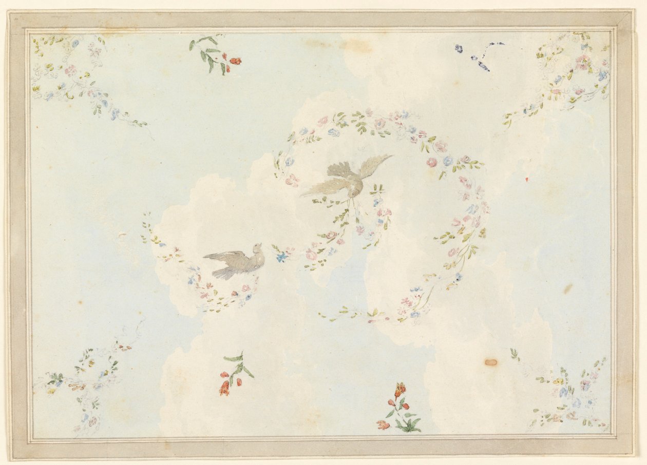 Dibujo, Diseño de techo con palomas y guirnaldas de flores, posiblemente para el vestíbulo de entrada, 1815-22 de Unknown artistUnknown artist