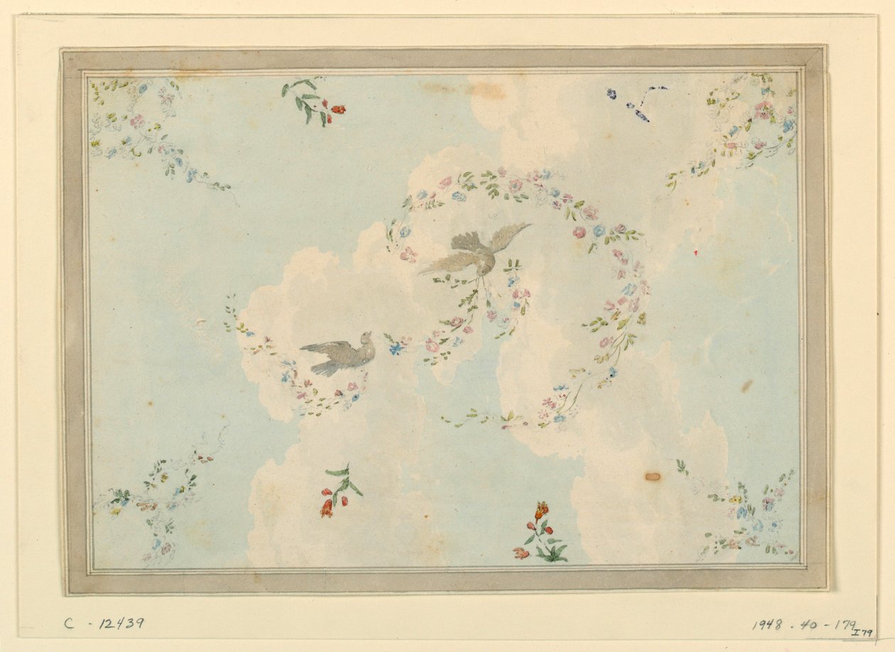 Dibujo, Diseño de techo con palomas y guirnaldas de flores, posiblemente para el vestíbulo de entrada, 1815-22 de Unknown artistUnknown artist